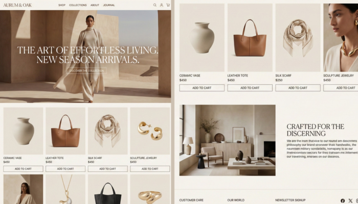 Boutique e-commerce de mode et accessoires de luxe avec présentation éditoriale haut de gamme