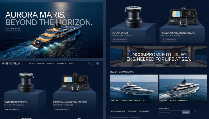 Boutique e-commerce de yachting et équipements marins haut de gamme avec univers nautique premium et ingénierie de luxe