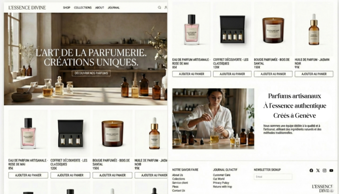 Boutique e-commerce de parfums artisanaux et produits cosmétiques de luxe avec fabrication traditionnelle et univers sensoriel premium