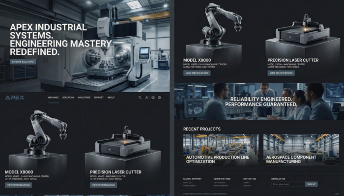 E-commerce industriel high-ticket présentant machines de précision et systèmes d’ingénierie avancée pour entreprises B2B