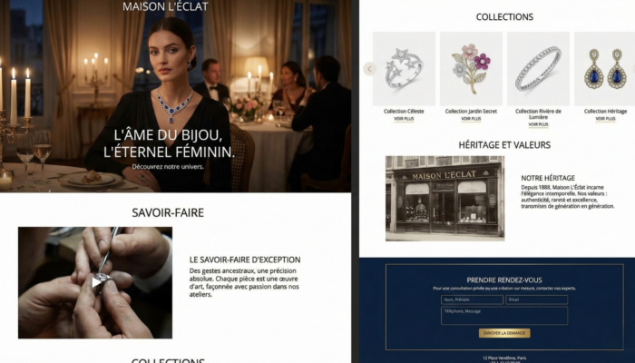 Interface de site web pour maison de joaillerie haut de gamme