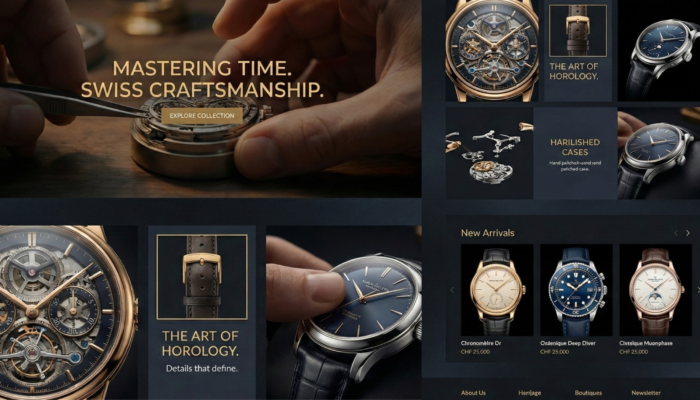 Boutique e-commerce de montres de luxe suisses mettant en valeur l’horlogerie haut de gamme et le savoir-faire artisanal