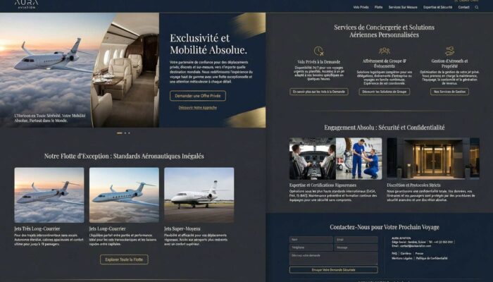 Aviation privée et jets de luxe Interface de site web pour services d’aviation privée