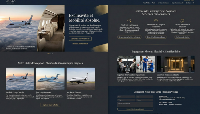 Interface de site web pour services d’aviation privée