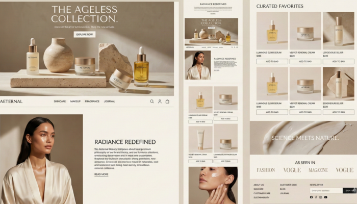 Boutique e-commerce de cosmétiques et soins de luxe avec présentation éditoriale premium et produits skincare haut de gamme