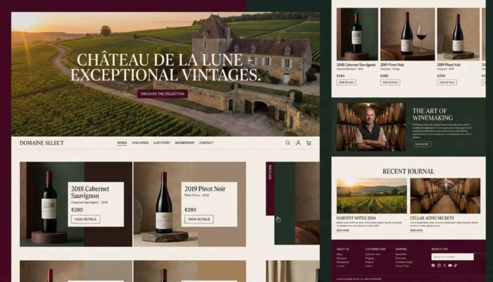 Boutique e-commerce de vins Boutique e-commerce de vins haut de gamme présentant des cuvées d’exception, vignobles et grands crus dans un univers éditorial premium
