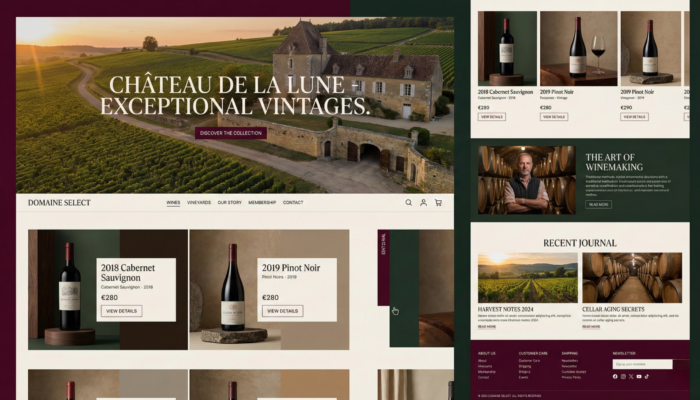Boutique e-commerce de vins haut de gamme présentant des cuvées d’exception, vignobles et grands crus dans un univers éditorial premium