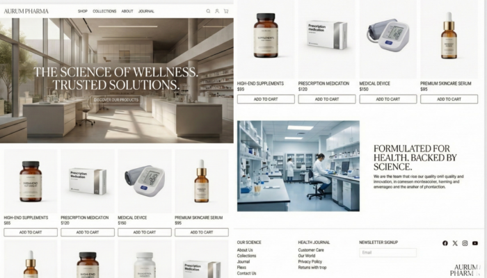 Boutique e-commerce pharmaceutique premium proposant compléments, dispositifs médicaux et soins de santé dans un environnement scientifique haut de gamme