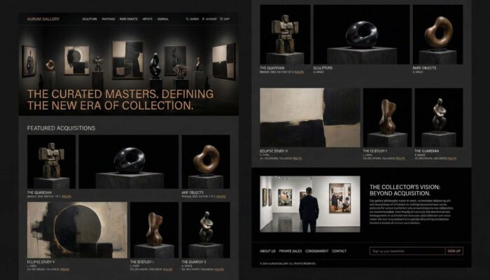 Galerie d’art et objets de collection de luxe E-commerce de galerie d’art présentant sculptures et œuvres contemporaines de collection dans un univers muséal haut de gamme