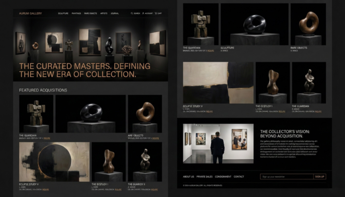 E-commerce de galerie d’art présentant sculptures et œuvres contemporaines de collection dans un univers muséal haut de gamme