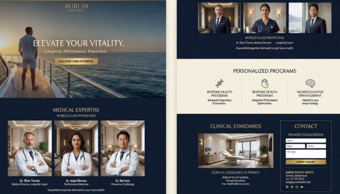 Interface de site web pour clinique de longévité médicale