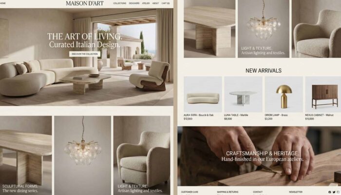 E-commerce de mobilier et design de luxe Boutique e-commerce de mobilier et objets de design haut de gamme avec présentation éditoriale de pièces artisanales de luxe
