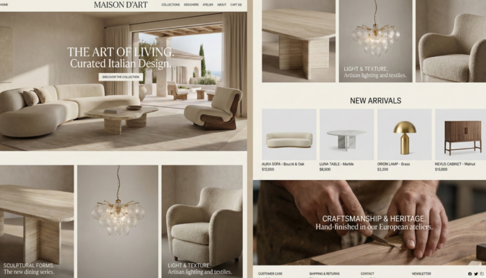 Boutique e-commerce de mobilier et objets de design haut de gamme avec présentation éditoriale de pièces artisanales de luxe