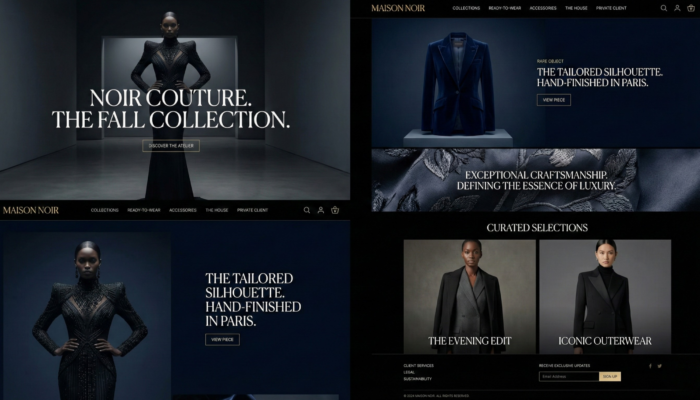 Boutique e-commerce de vêtements couture et mode de luxe présentée comme une maison de haute couture éditoriale