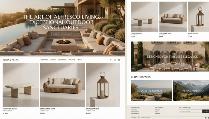 E-commerce de mobilier et aménagement outdoor haut de gamme avec espaces extérieurs de luxe et design architectural