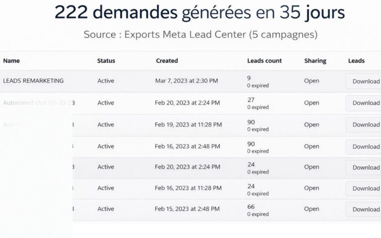 222 demandes générées via un funnel multi-phase orienté Messenger + téléphone
